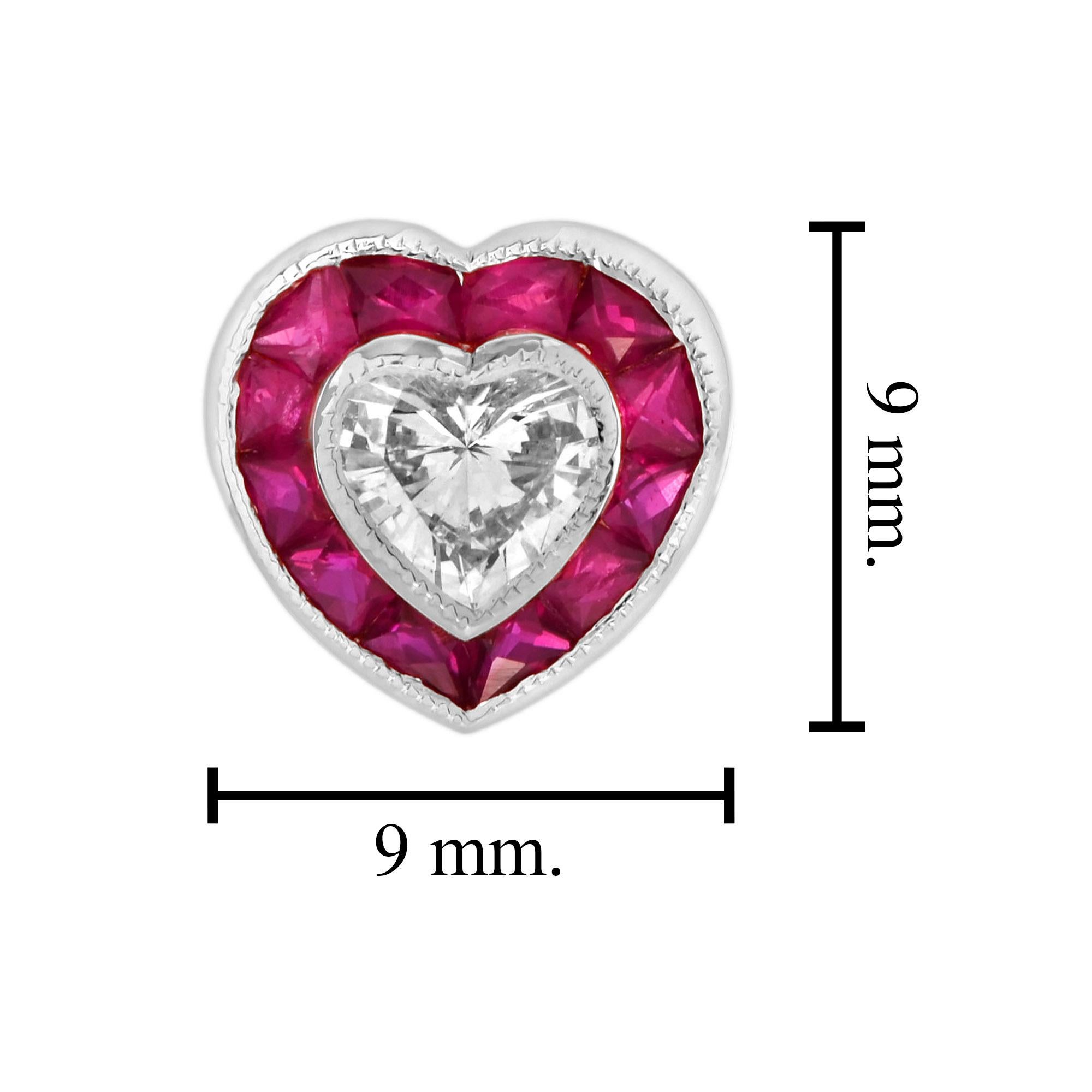 Ciondolo a forma di cuore in stile Art Deco con diamanti e rubini in oro bianco 14K In condizioni Nuovo in vendita a Bangkok, TH