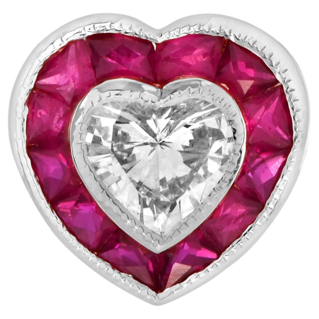 Diamond and Ruby Art Deco Style Heart Pendant in 14K White Gold