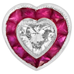 Diamond and Ruby Art Deco Style Heart Pendant in 14K White Gold
