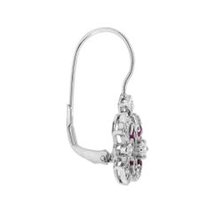 Diamond and Ruby Art Deco Style Lever Back Earrings in 14K White Gold