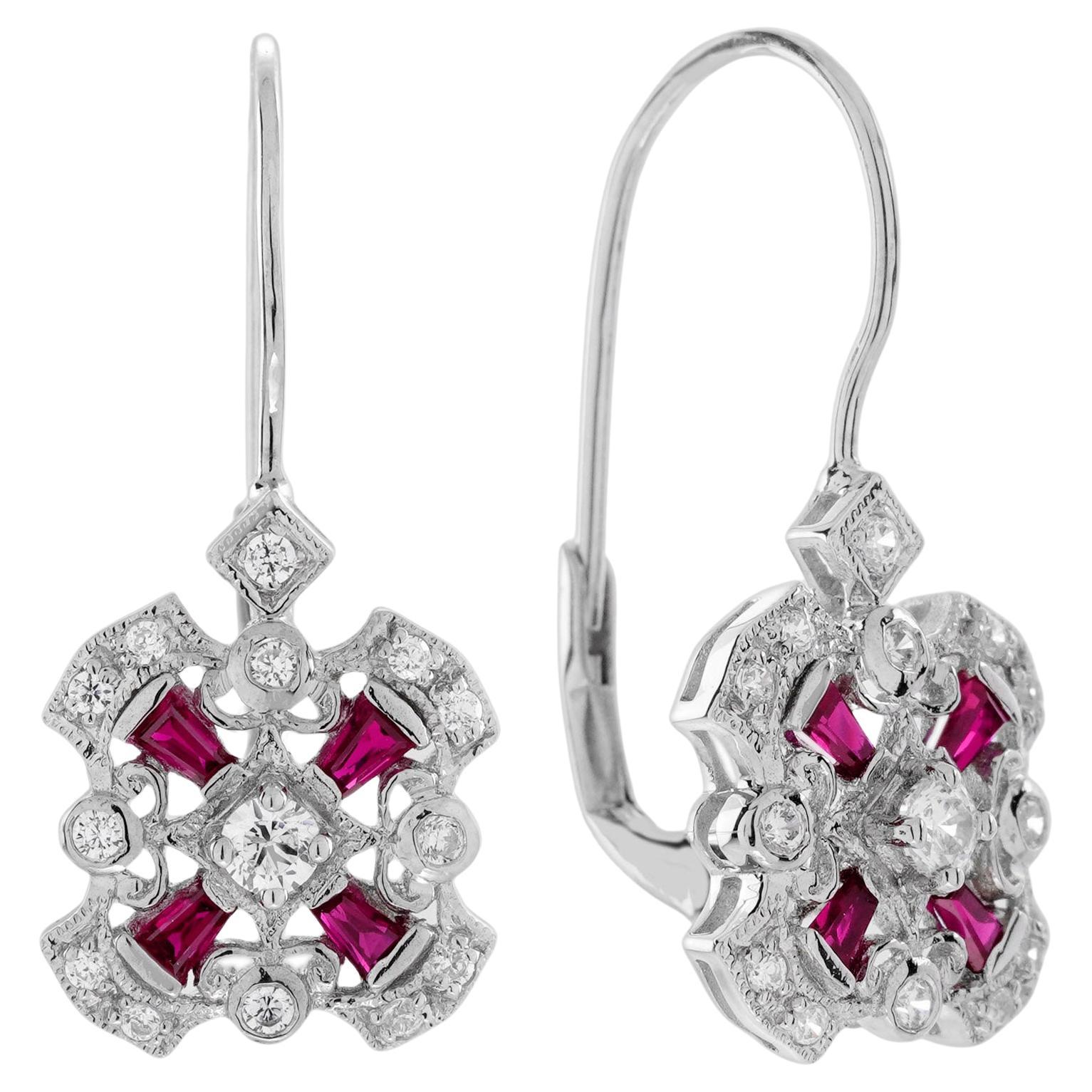 Diamond and Ruby Art Deco Style Lever Back Earrings in 14K White Gold For Sale