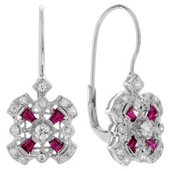 Diamant- und Rubinohrringe im Art-Déco-Stil mit Hebelverschluss aus 14 Karat Weißgold