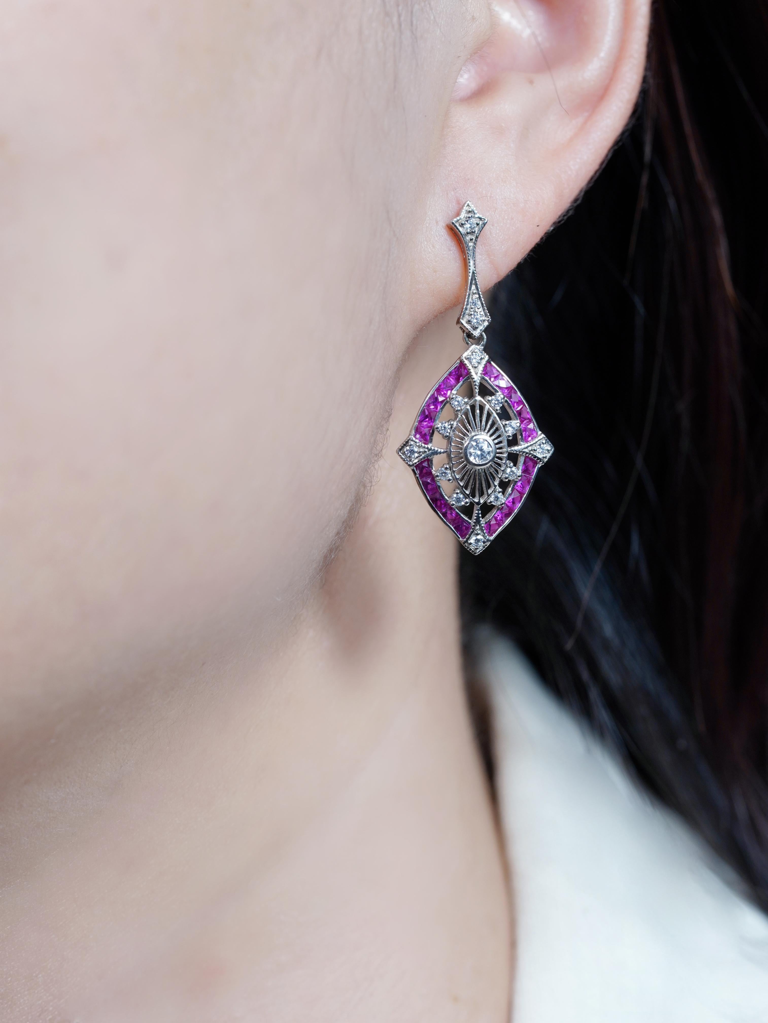 Round Cut Diamond and Ruby Art Deco Style Marquise Shape Drop Earrings in 18K White Gold For Sale