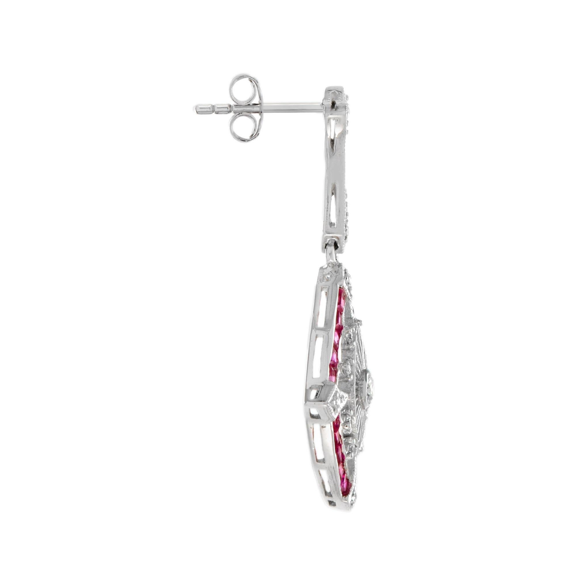 Women's Diamond and Ruby Art Deco Style Marquise Shape Drop Earrings in 18K White Gold For Sale