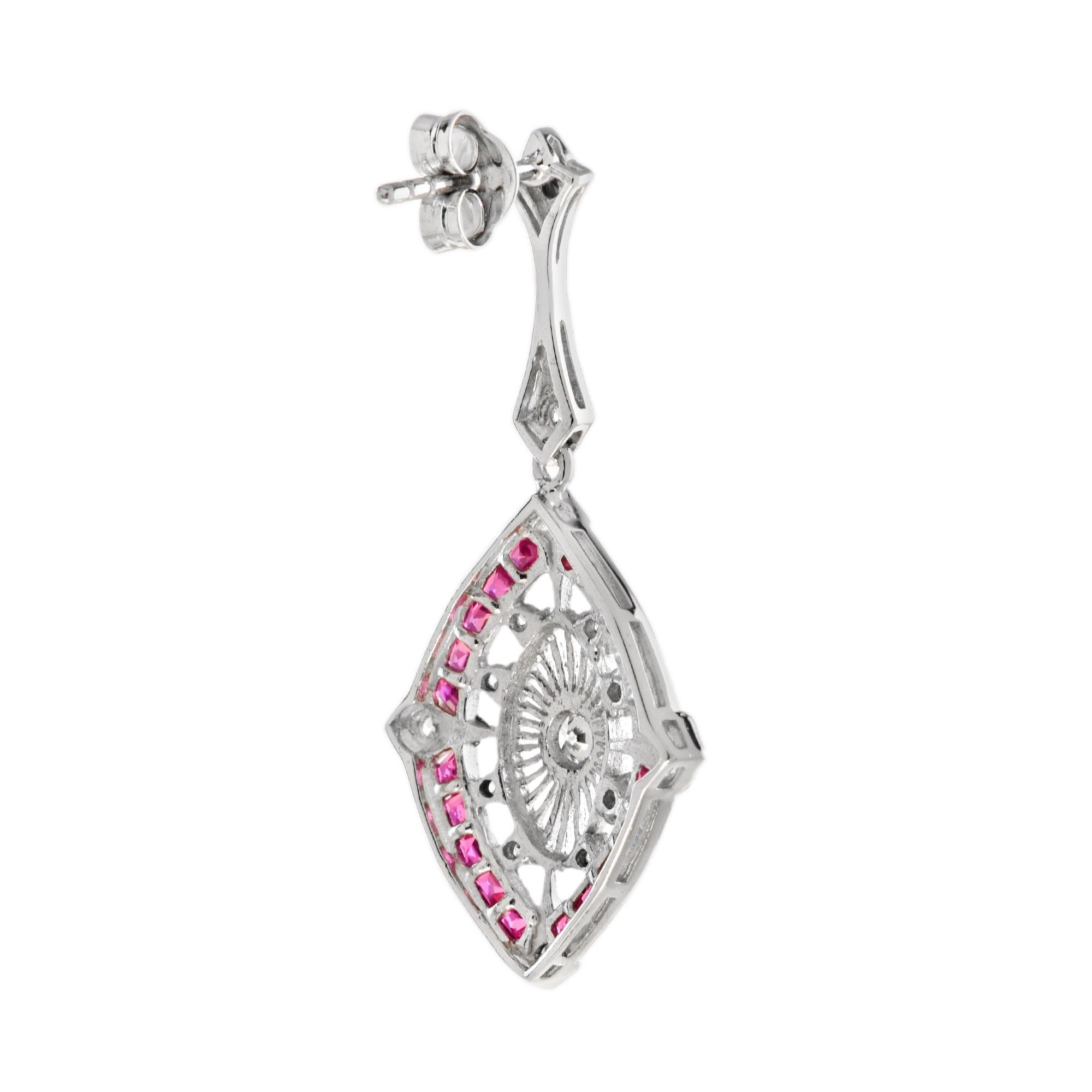 Diamond and Ruby Art Deco Style Marquise Shape Drop Earrings in 18K White Gold For Sale 1