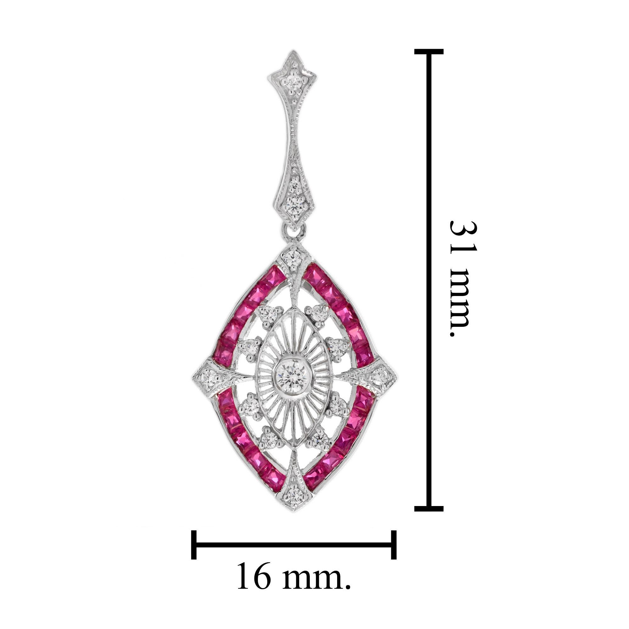 Diamond and Ruby Art Deco Style Marquise Shape Drop Earrings in 18K White Gold For Sale 2