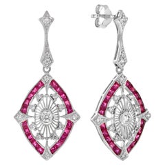 Diamond and Ruby Art Deco Style Marquise Shape Drop Earrings in 18K White Gold