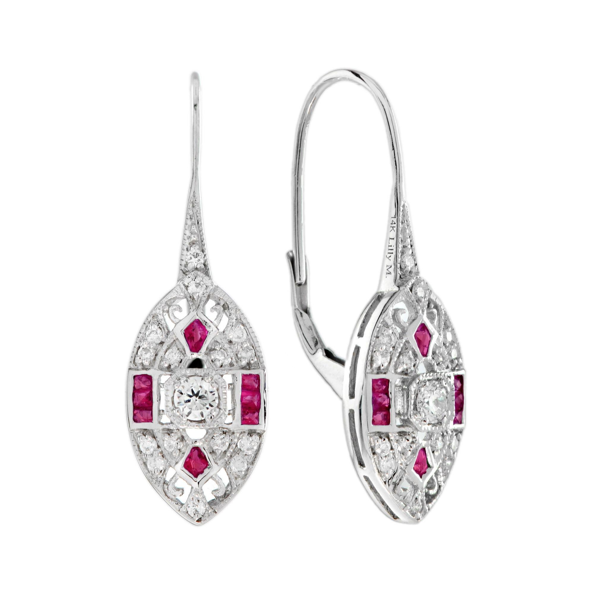 Diamond and Ruby Art Deco Style Marquise Shape Earrings in 14K White Gold