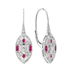 Diamond and Ruby Art Deco Style Marquise Shape Earrings in 14K White Gold
