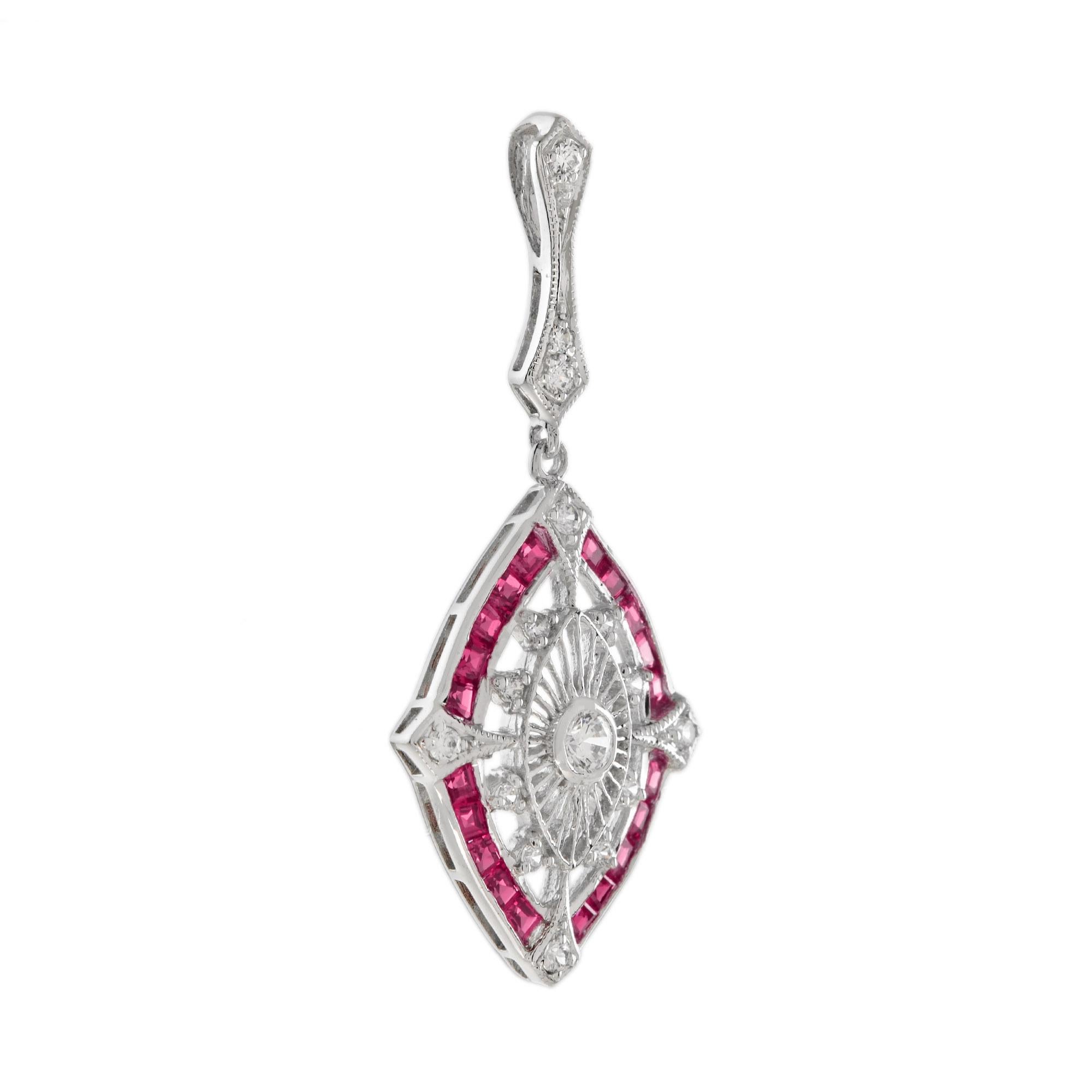 Taille ronde Pendentif en or blanc 14 carats diamant et rubis de style Art déco en forme de marquise en vente