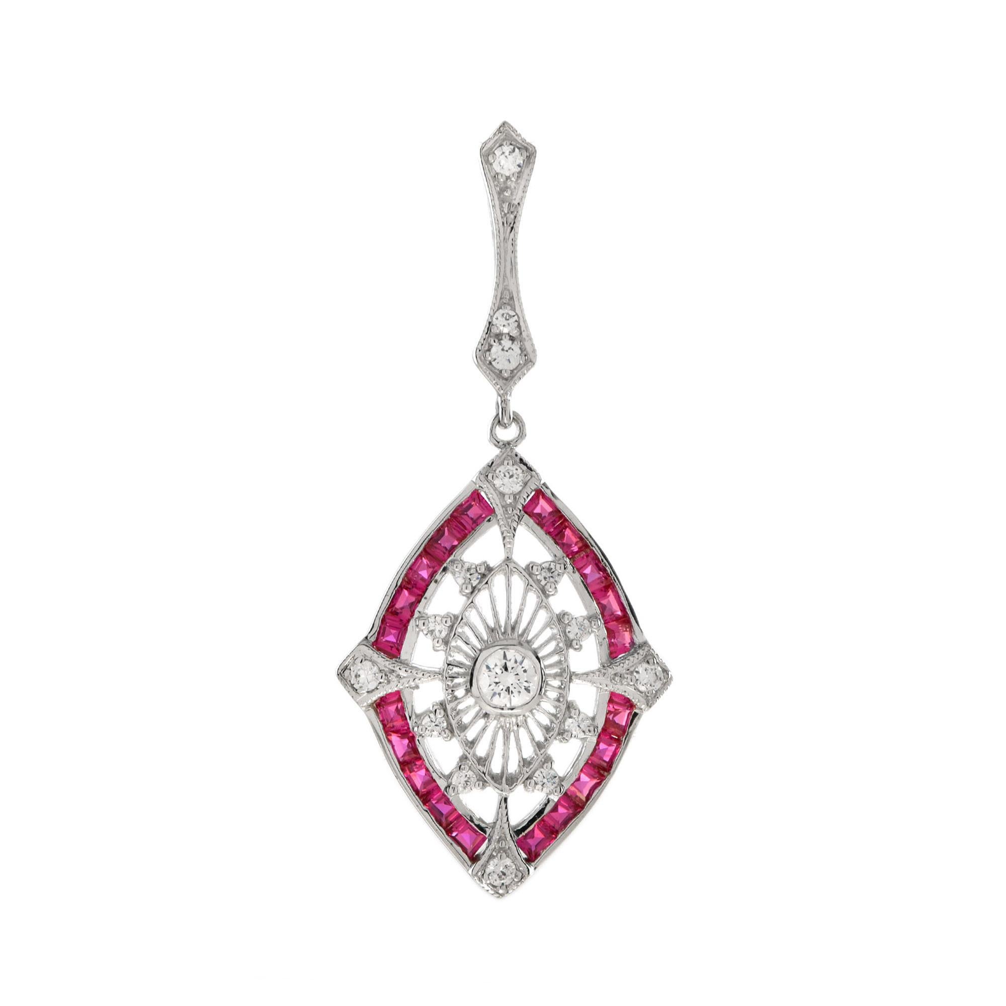 Pendentif en or blanc 14 carats diamant et rubis de style Art déco en forme de marquise en vente