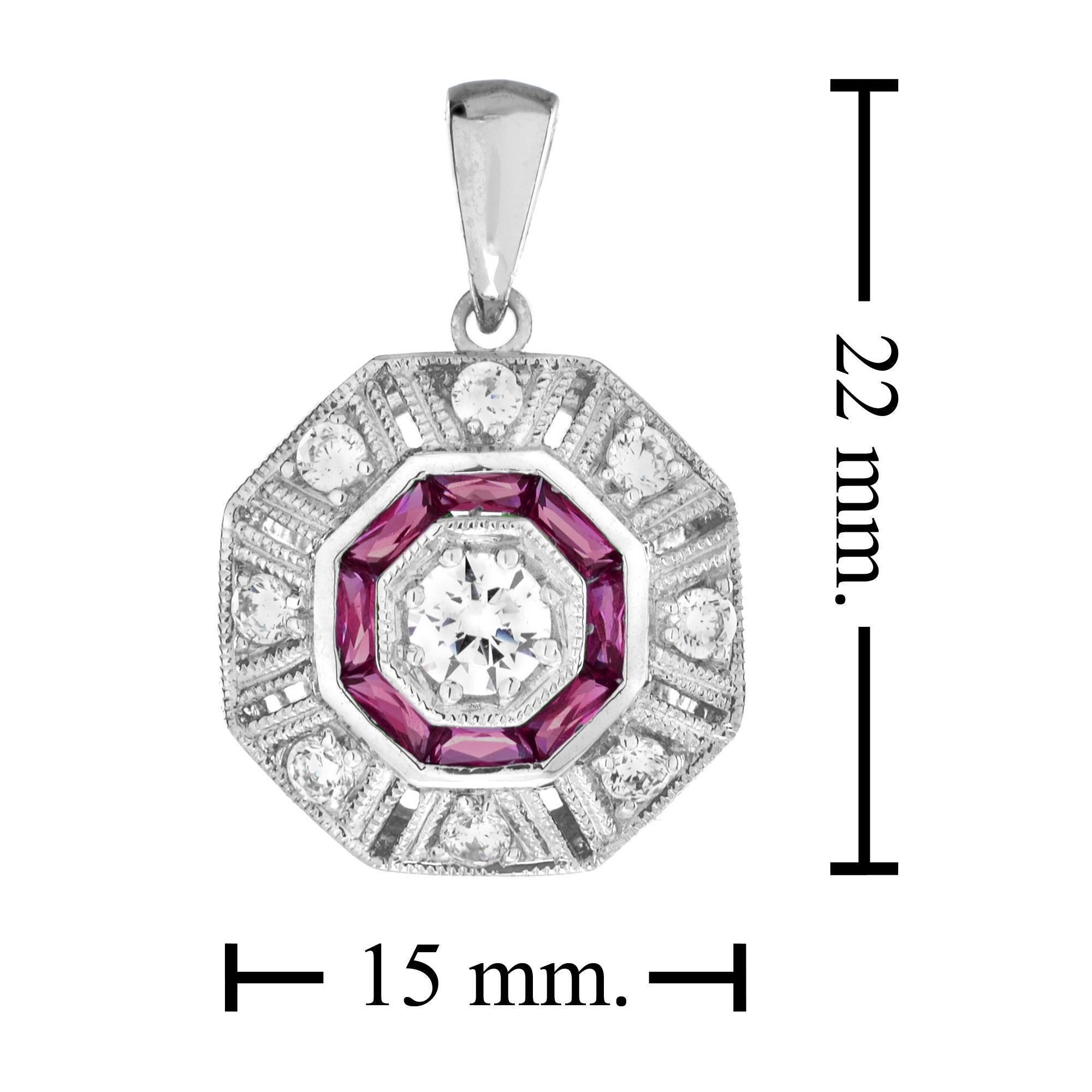Pendentif cible octogonal de style Art déco en or blanc 18 carats avec diamants et rubis Pour femmes en vente