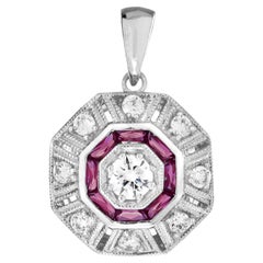 Diamond and Ruby Art Deco Style Octagon Target Pendant in 18K White Gold