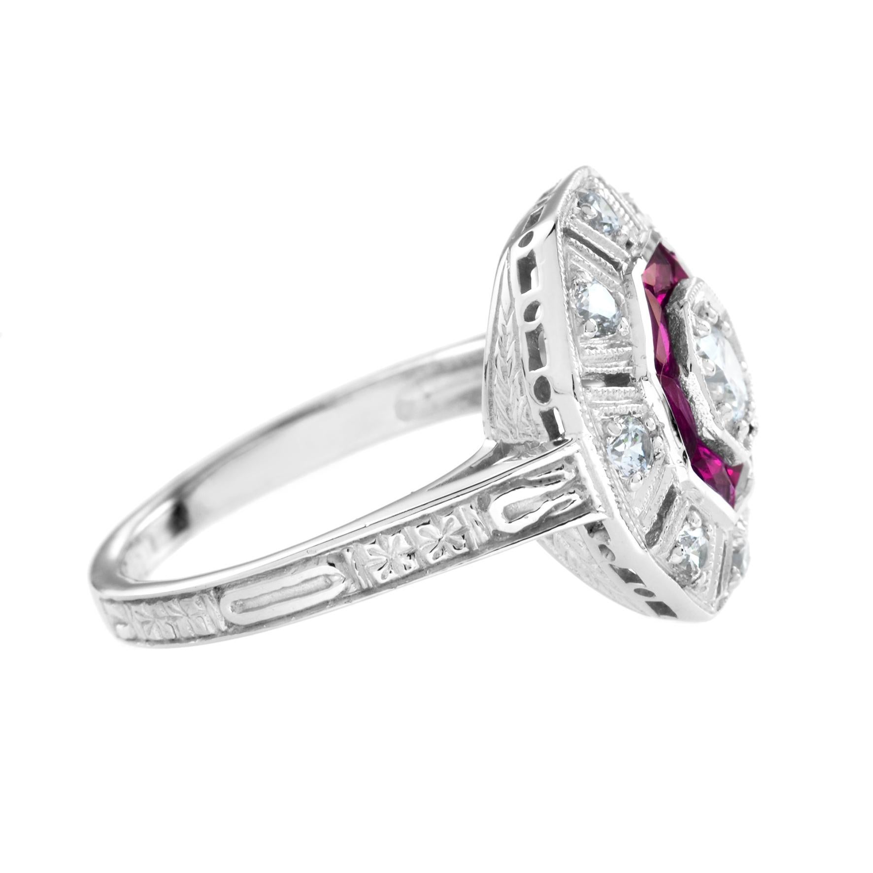 For Sale:  Diamond and Ruby Art Deco Style Octagon Target Ring in 18K White Gold 3