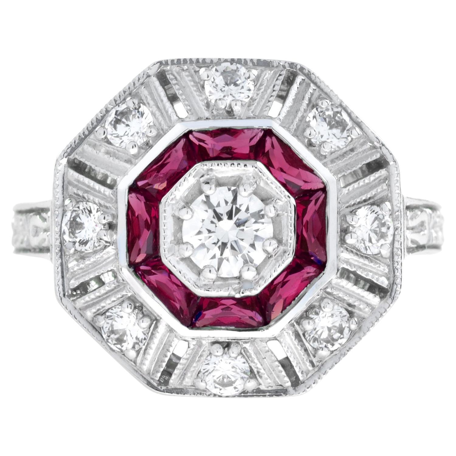 For Sale:  Diamond and Ruby Art Deco Style Octagon Target Ring in 18K White Gold