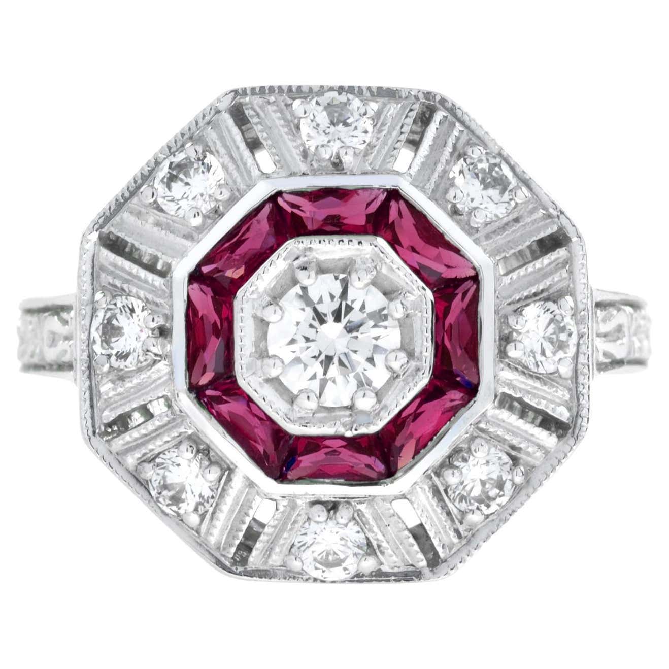 Customizable Diamond and Ruby Art Deco Style Octagon Target Ring in 18K ...