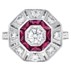 Diamond and Ruby Art Deco Style Octagon Target Ring in 18K White Gold