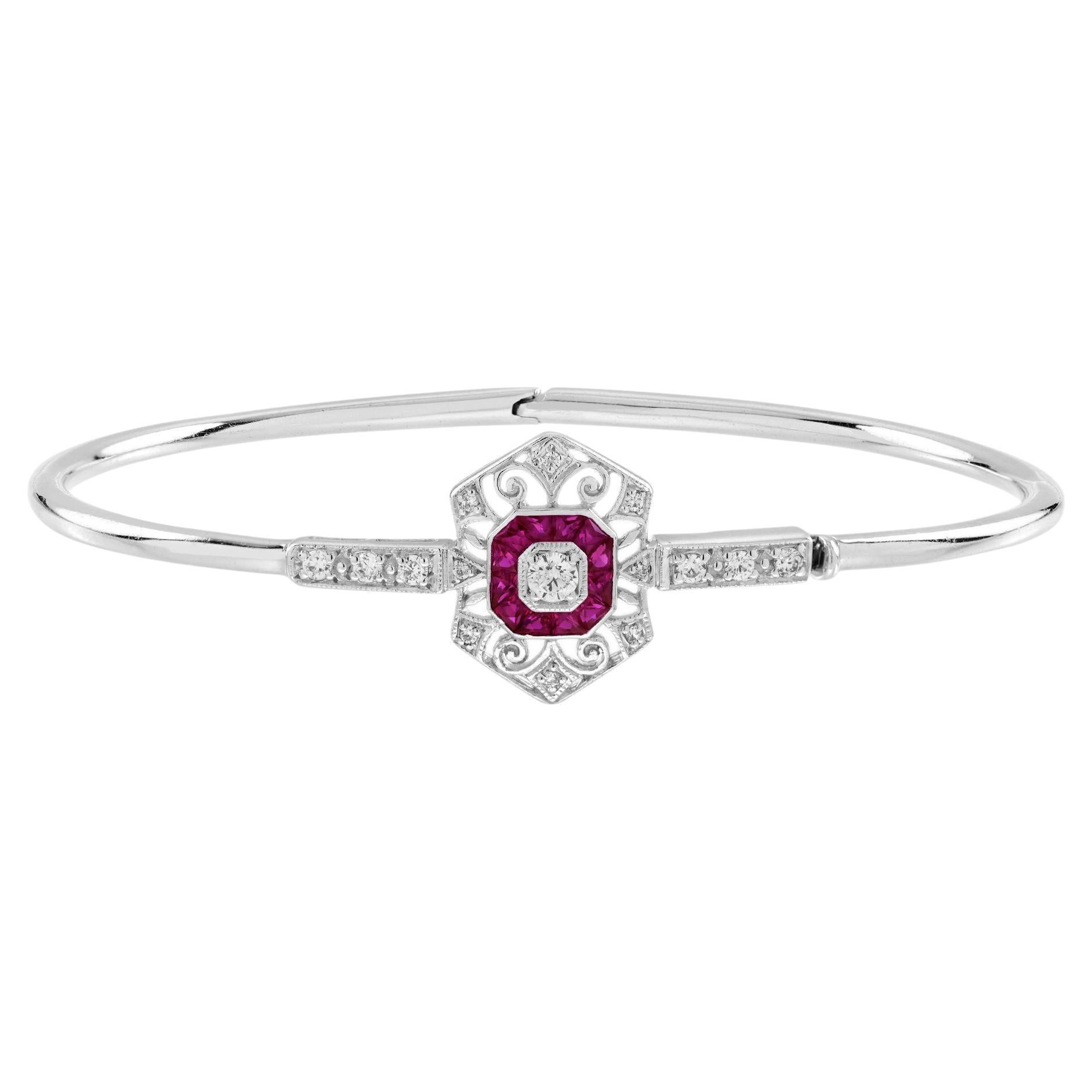Diamond and Ruby Art Deco Style Openwork Bangle Bracelet in 14K White Gold