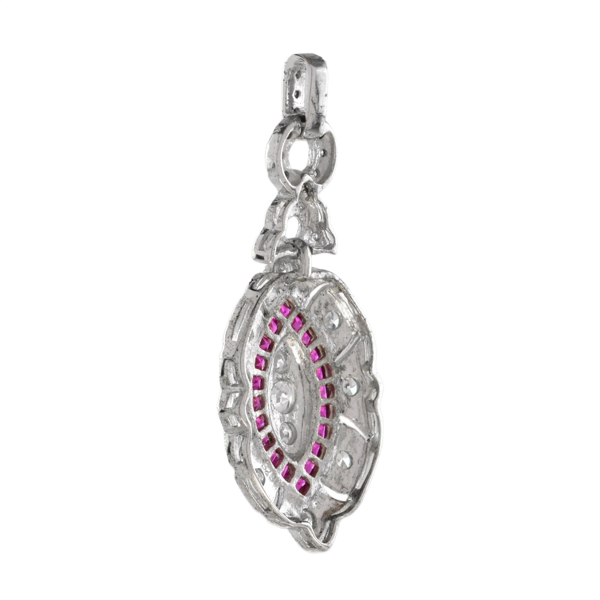 Round Cut Diamond and Ruby Art Deco Style Pendant in 18K White Gold For Sale