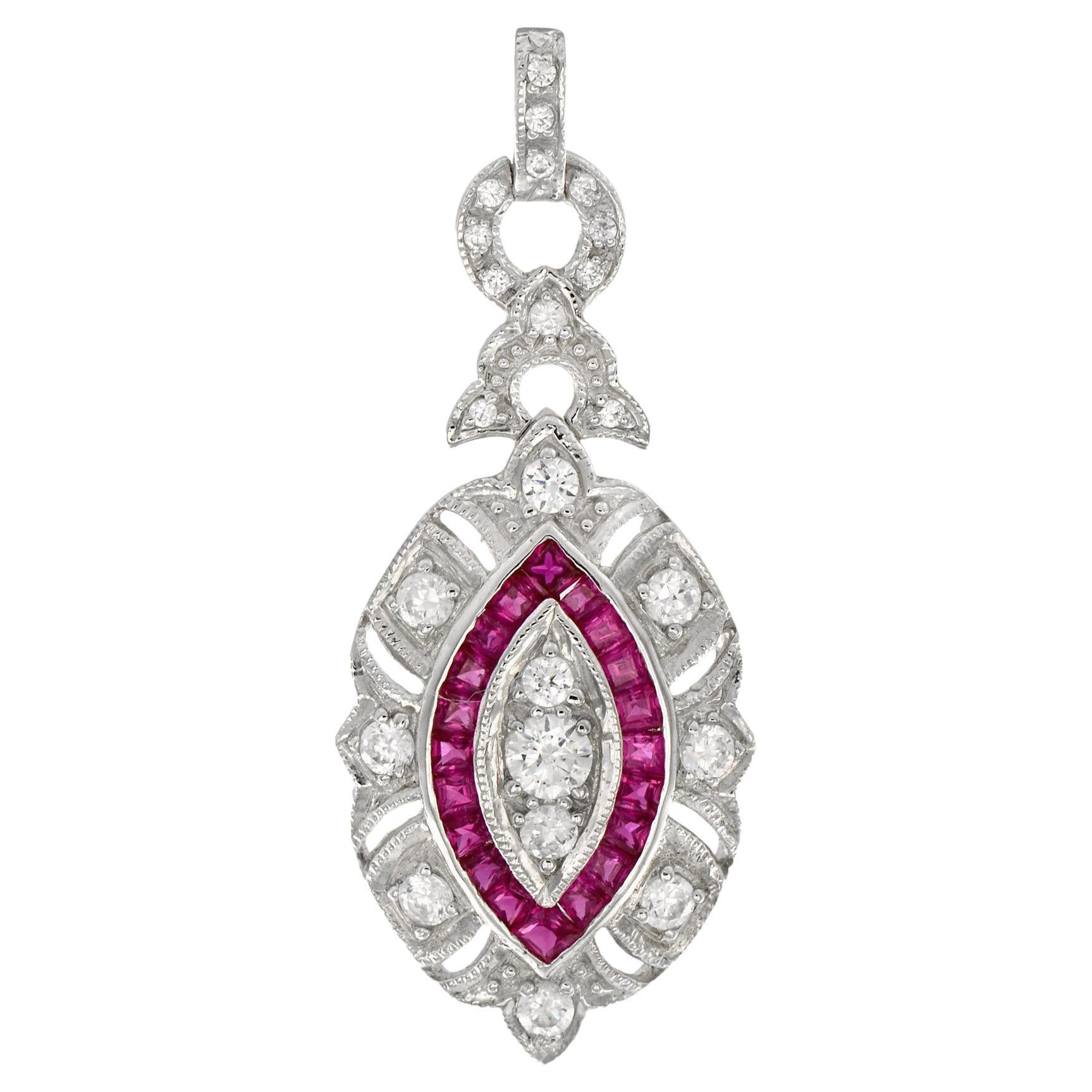 Diamond and Ruby Art Deco Style Pendant in 18K White Gold For Sale