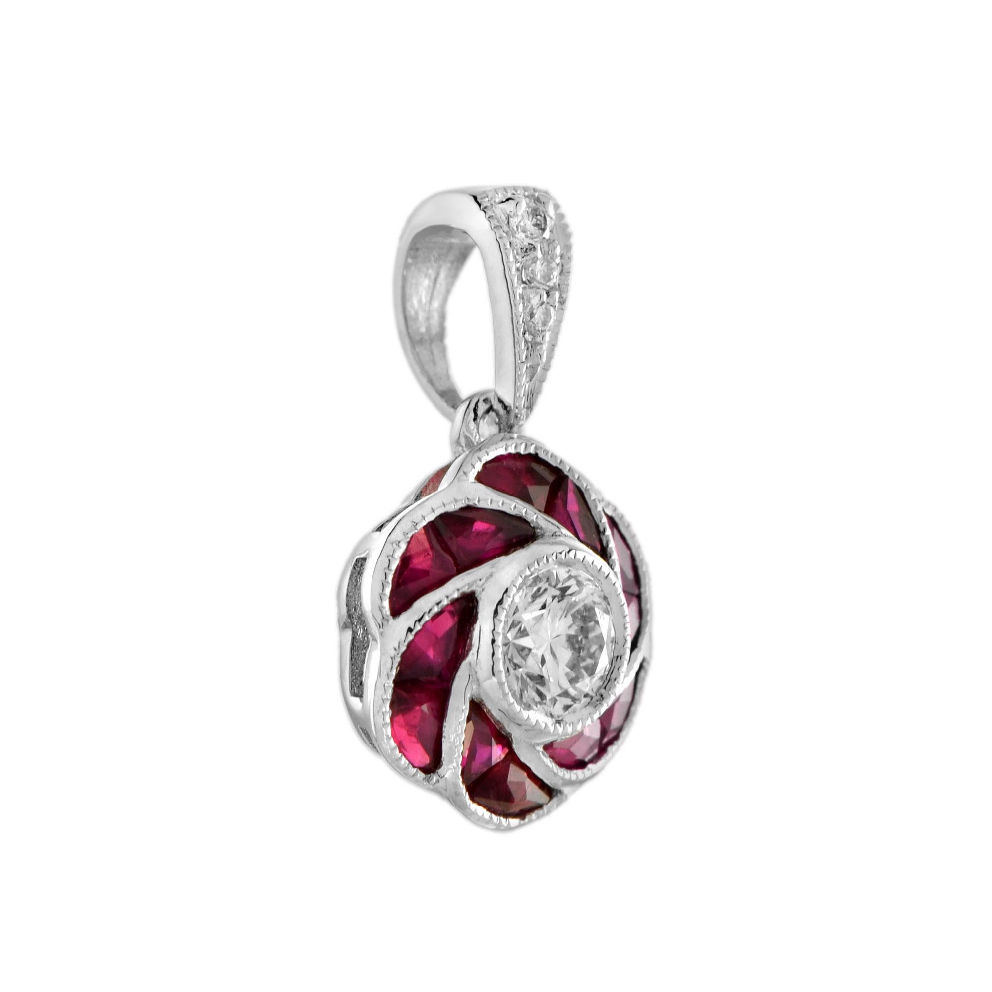 Ciondolo con diamante e rubino in stile Art Déco con rosa rossa in oro bianco 18 carati In condizioni Nuovo in vendita a Bangkok, TH