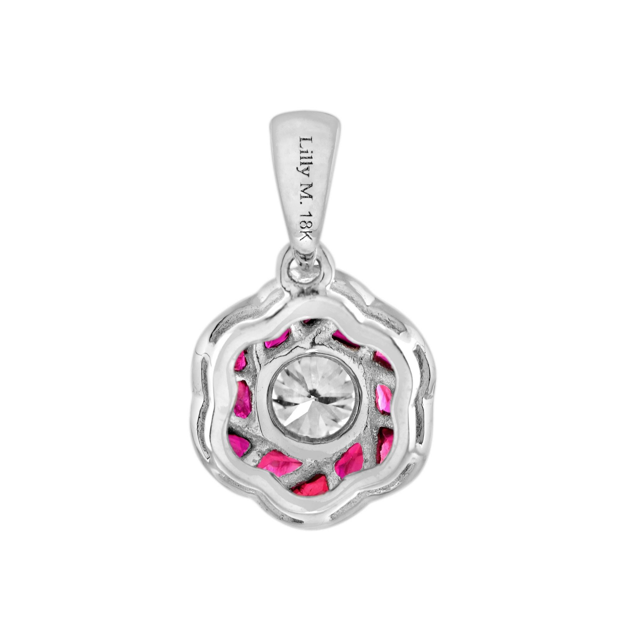 Ciondolo con diamante e rubino in stile Art Déco con rosa rossa in oro bianco 18 carati in vendita 1