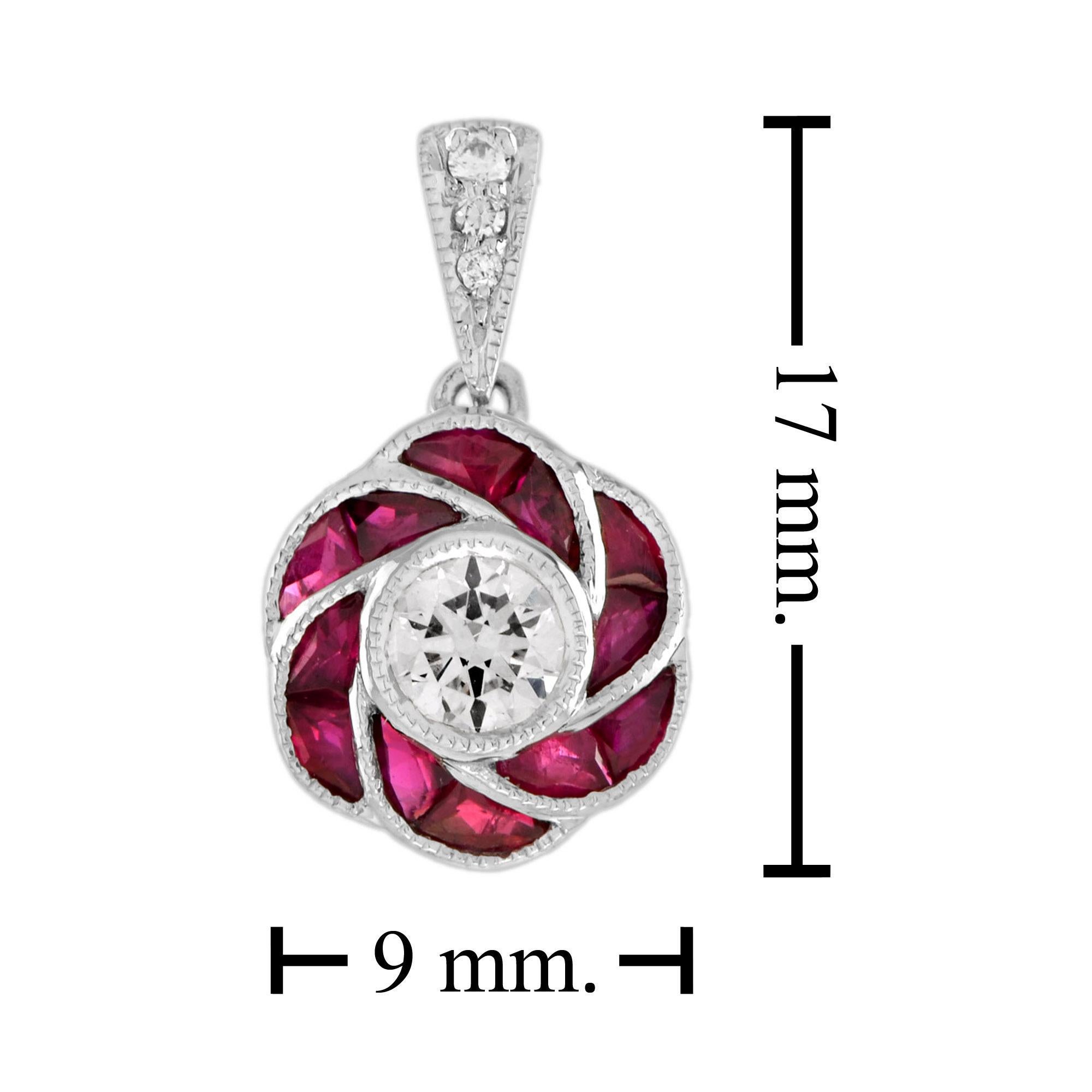 Ciondolo con diamante e rubino in stile Art Déco con rosa rossa in oro bianco 18 carati in vendita 2