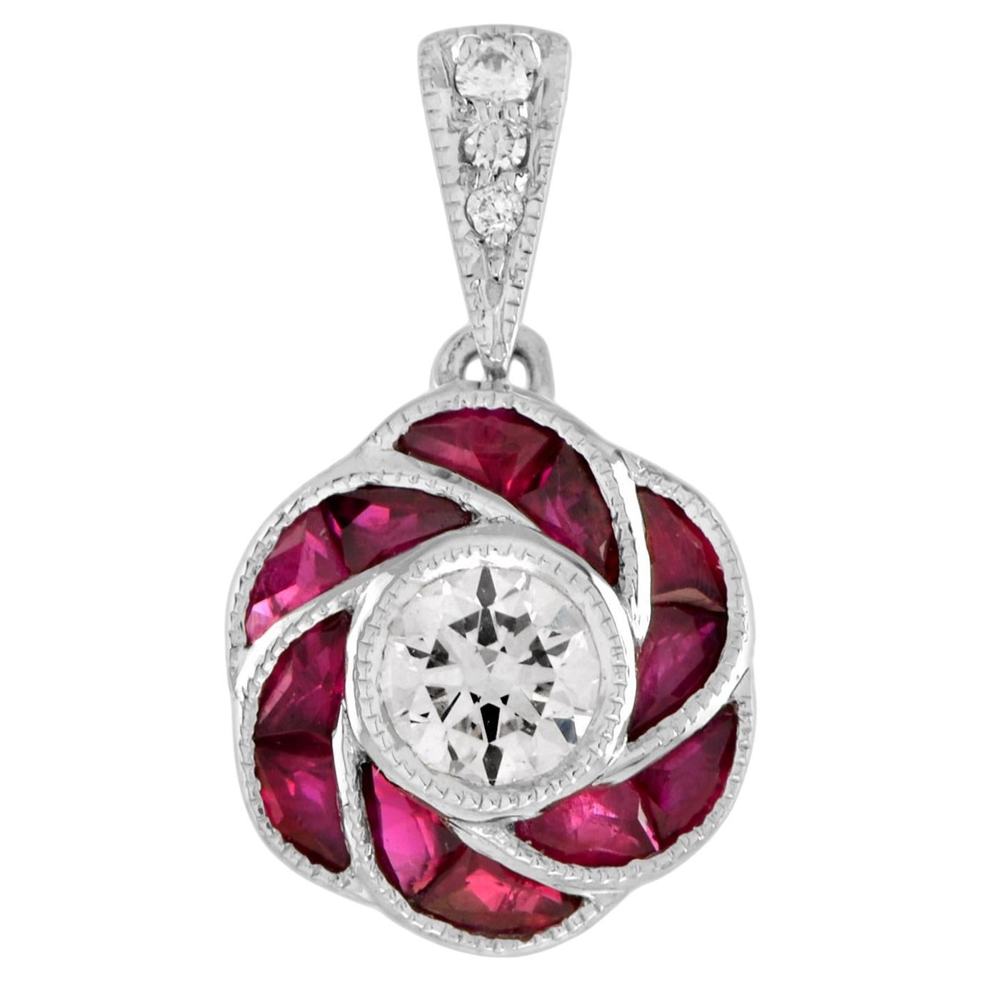 Diamond and Ruby Art Deco Style Red Rose Pendant in 18K White Gold