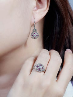 Diamond and Ruby Art Deco Style Ring and Earrings Jewelry Set in 14K White Gold