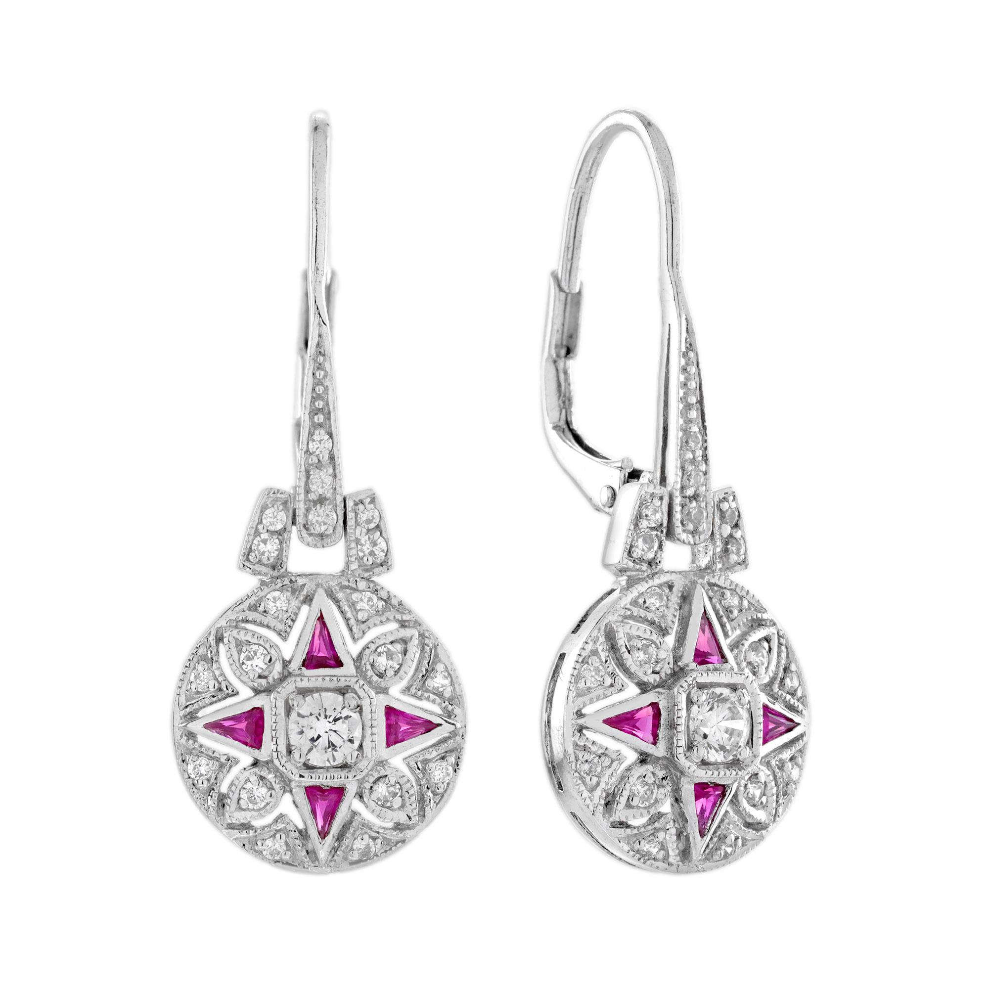 Diamond and Ruby Art Deco Style Ring and Earrings Jewelry Set in 14K White Gold For Sale 1