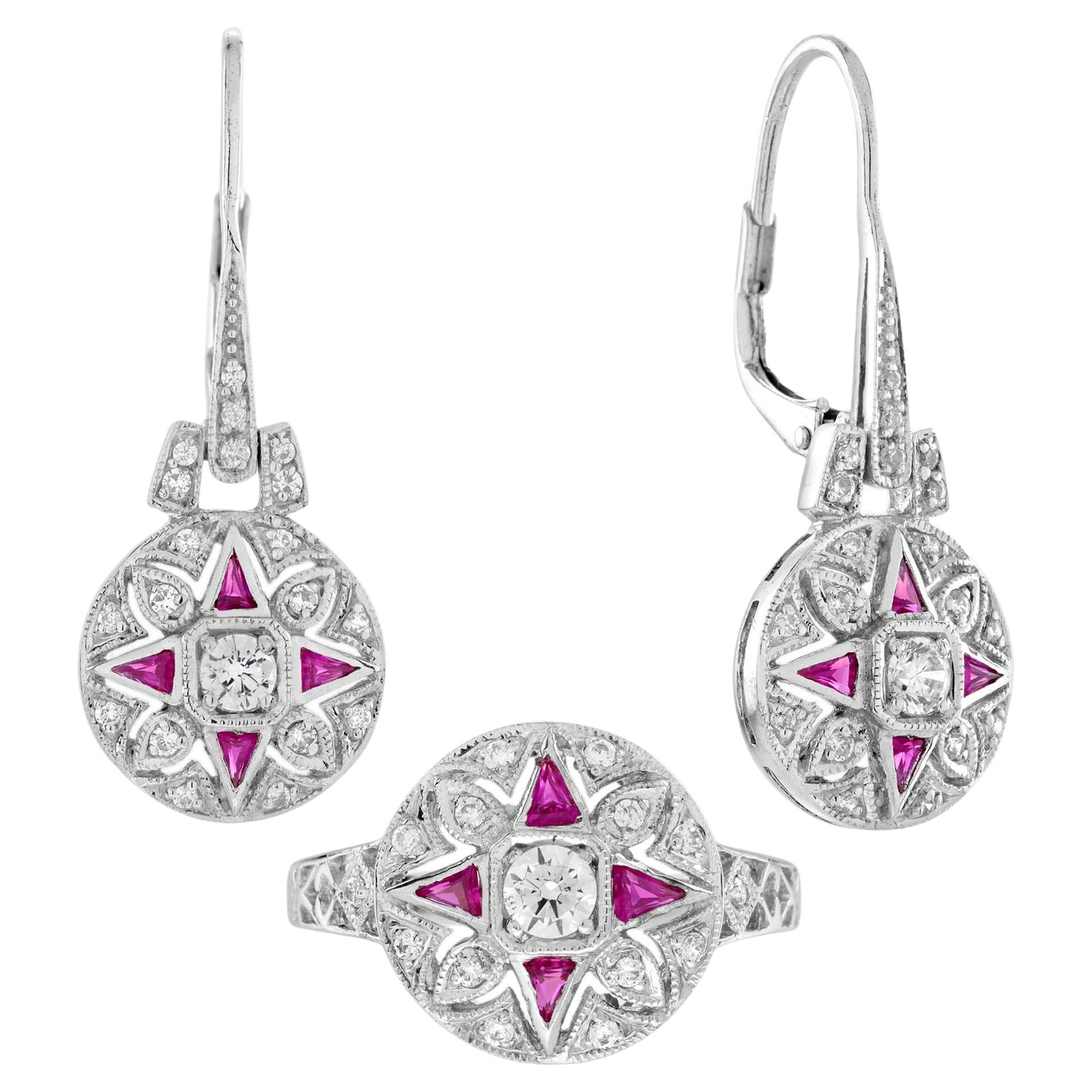 Diamond and Ruby Art Deco Style Ring and Earrings Jewelry Set in 14K White Gold