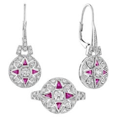 Diamond and Ruby Art Deco Style Ring and Earrings Jewelry Set in 14K White Gold