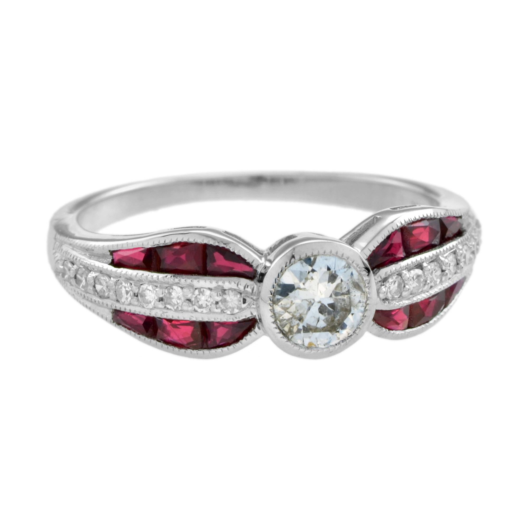 Women's Diamond and Ruby Art Deco Style Solitaire Ring in 18K White Gold For Sale