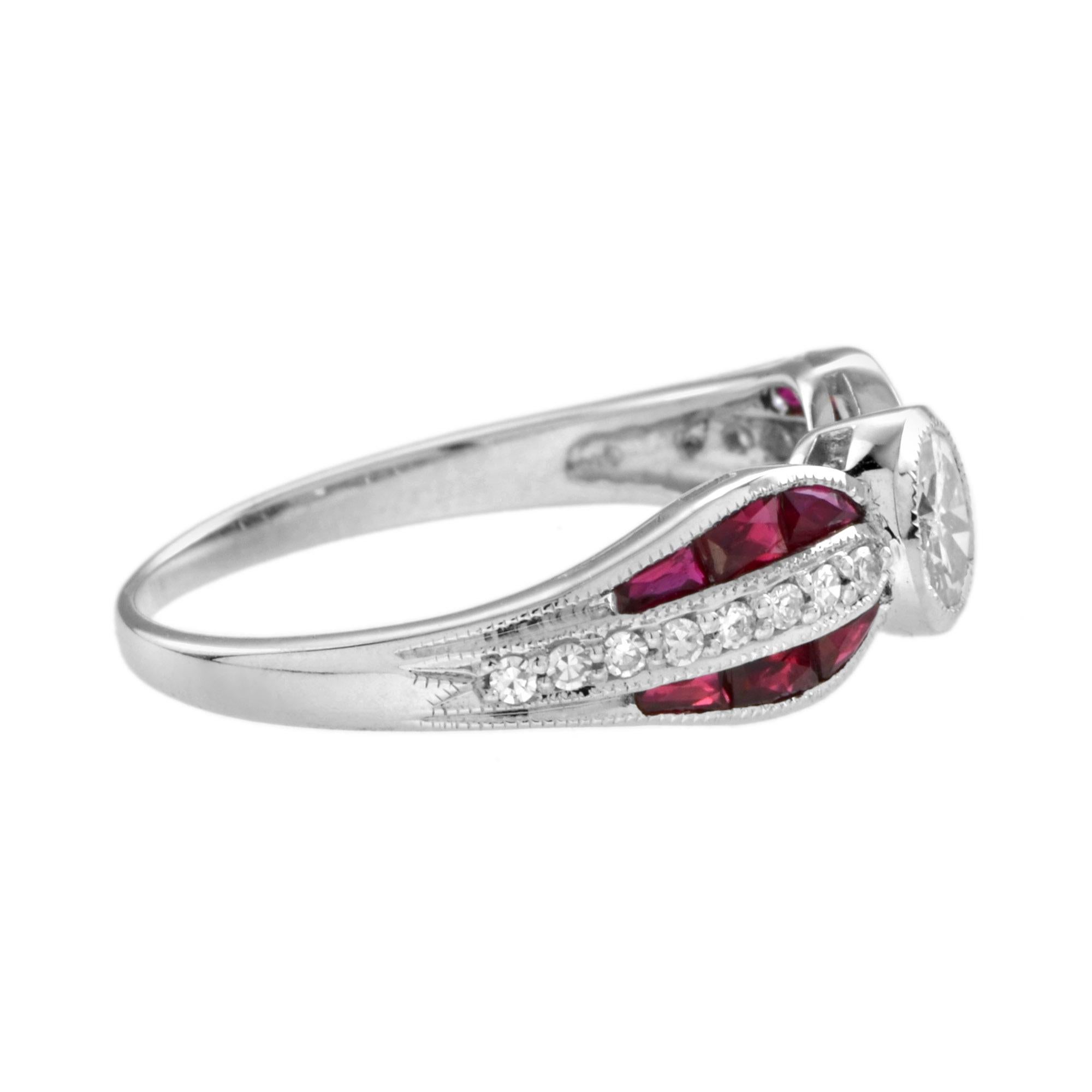 Diamond and Ruby Art Deco Style Solitaire Ring in 18K White Gold For Sale 1