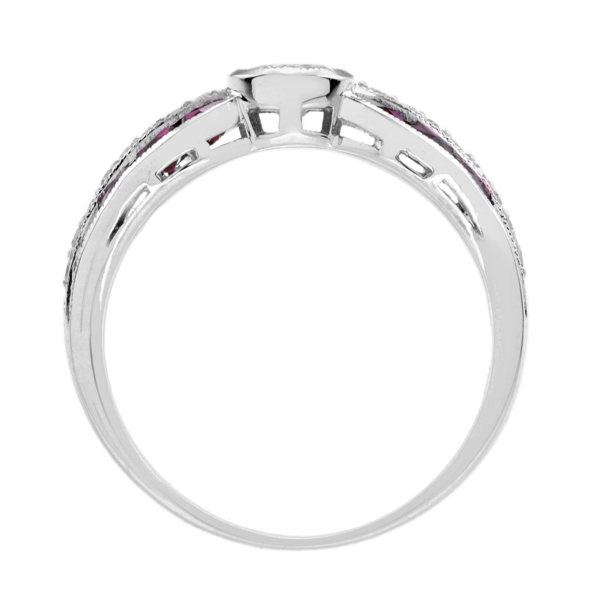 Bague solitaire en or blanc 18 carats, diamant et rubis, style Art déco en vente 4