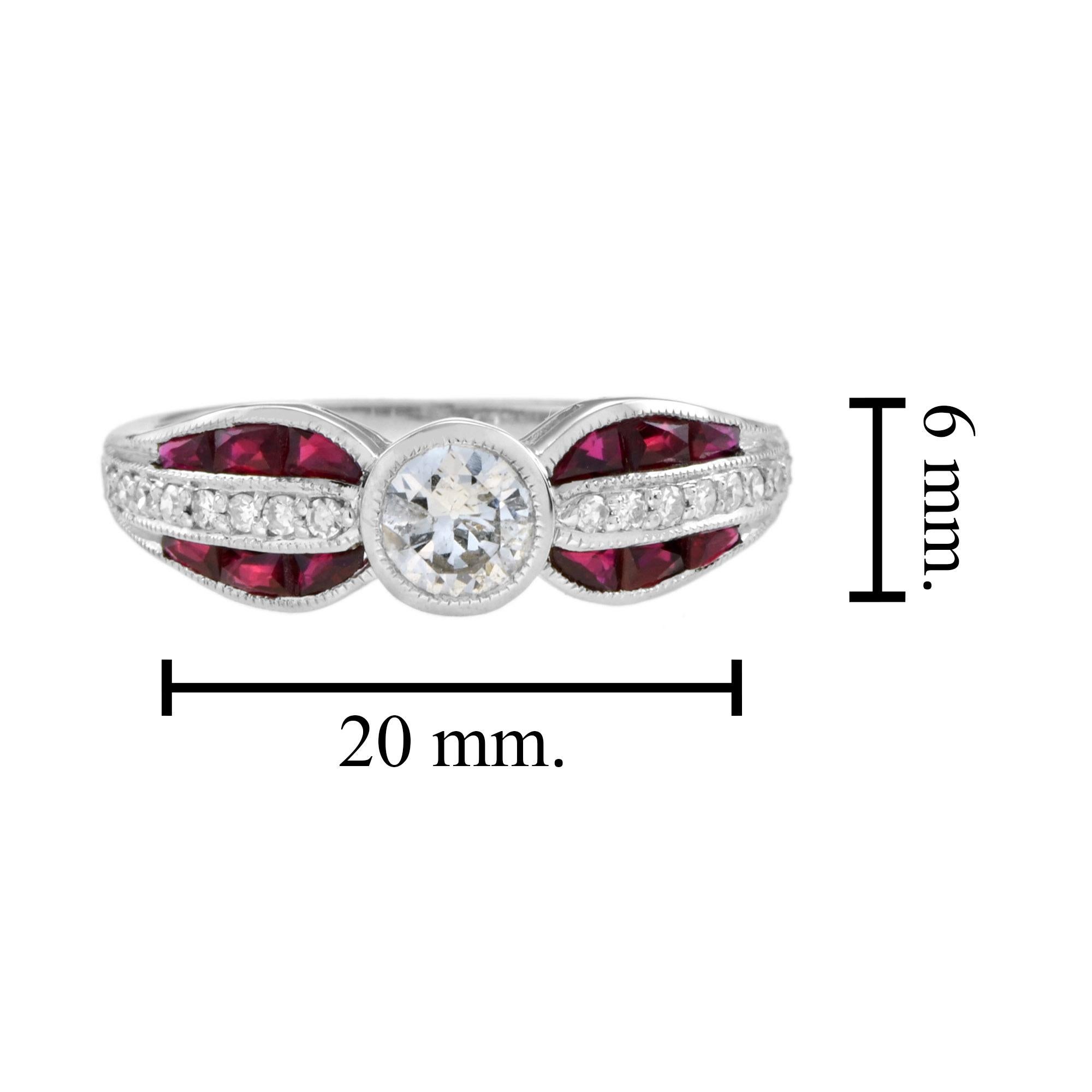 Diamond and Ruby Art Deco Style Solitaire Ring in 18K White Gold For Sale 4