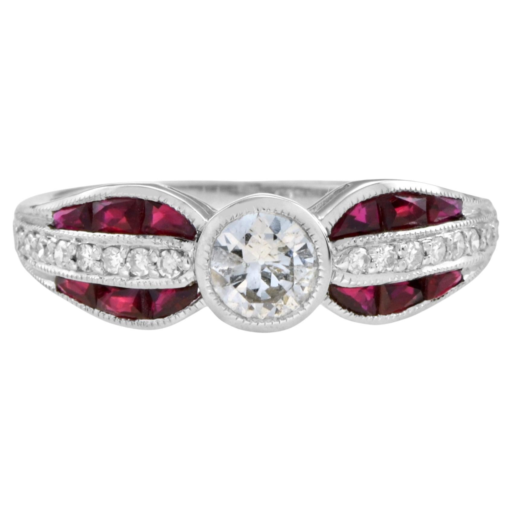 Diamond and Ruby Art Deco Style Solitaire Ring in 18K White Gold For Sale