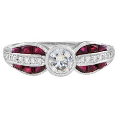Diamond and Ruby Art Deco Style Solitaire Ring in 18K White Gold