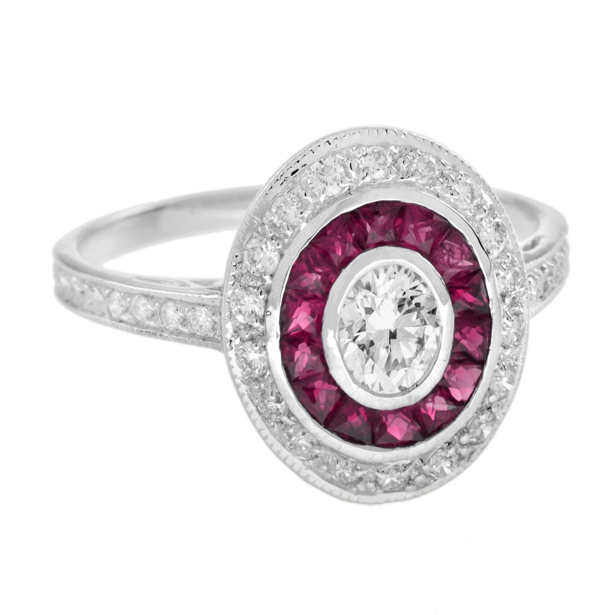Oval Cut Diamond and Ruby Art Deco Style Target Engagement Ring in 18K White Gold For Sale