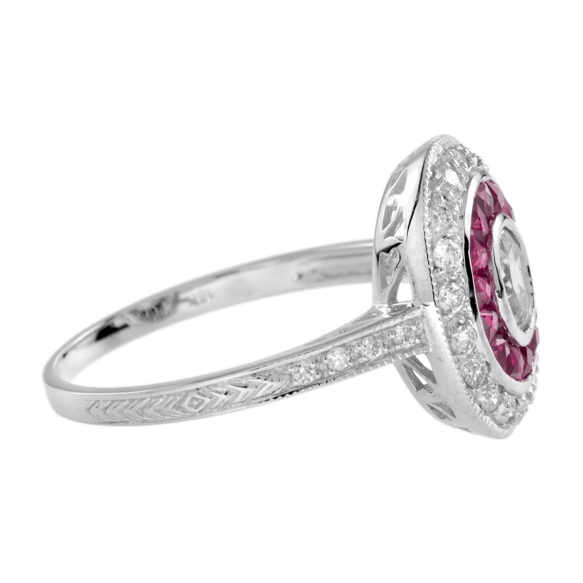 Diamond and Ruby Art Deco Style Target Engagement Ring in 18K White Gold In New Condition For Sale In Bangkok, TH