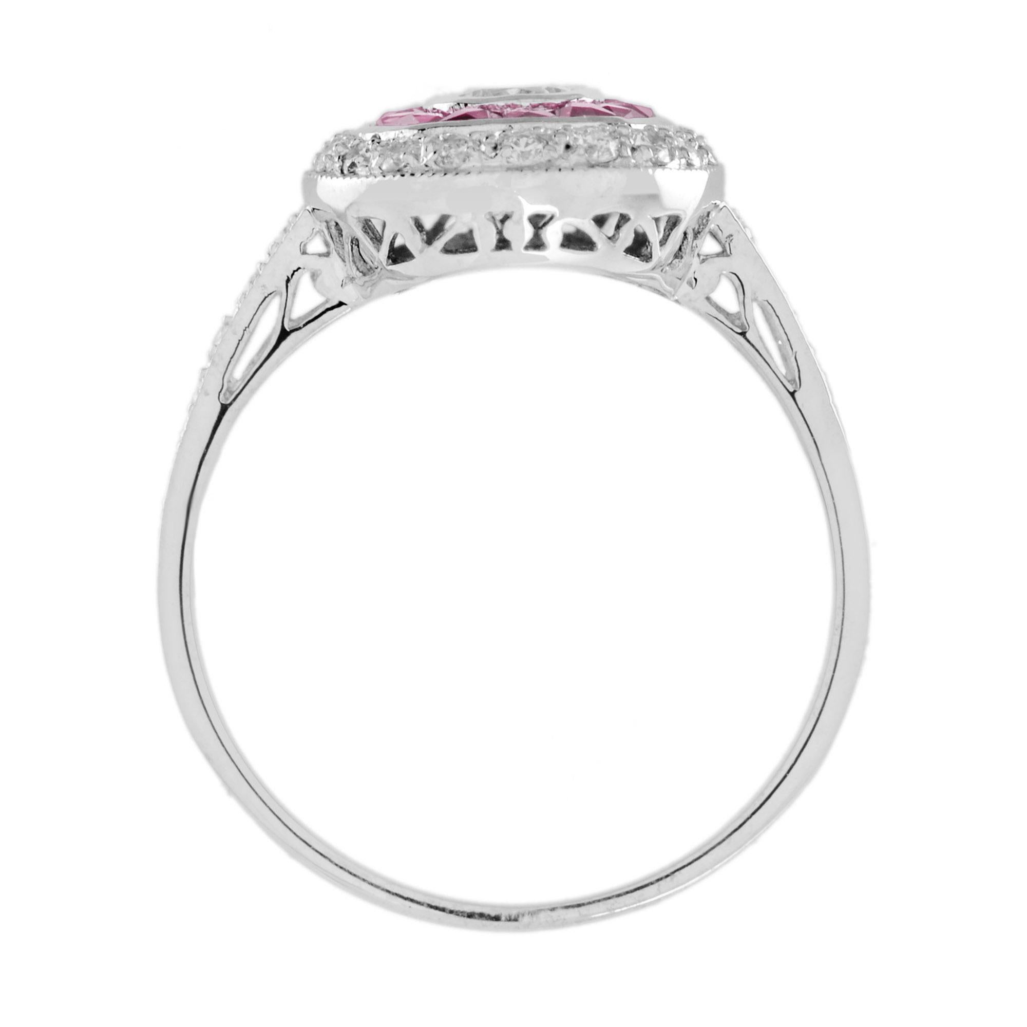 Diamond and Ruby Art Deco Style Target Engagement Ring in 18K White Gold For Sale 1