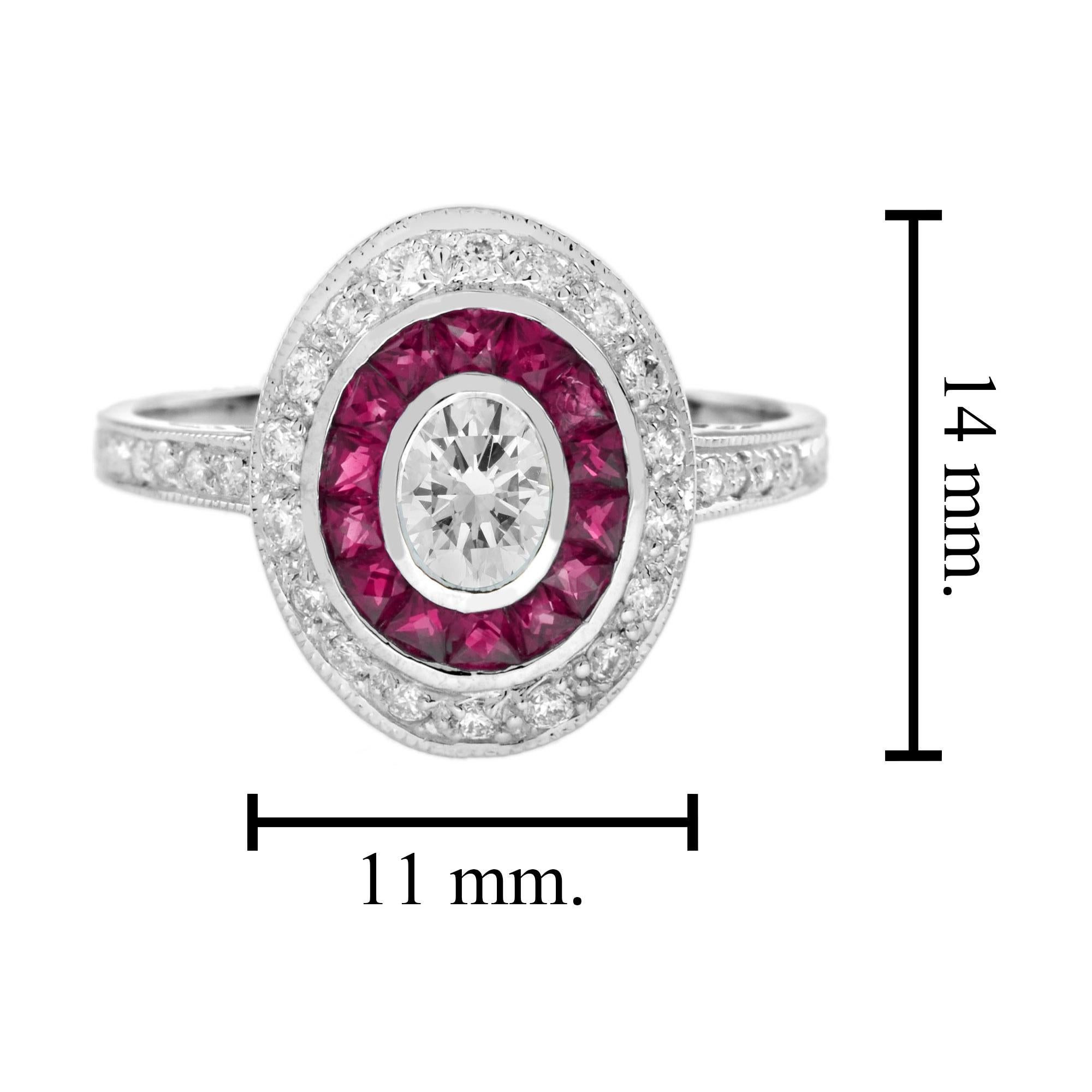 Diamond and Ruby Art Deco Style Target Engagement Ring in 18K White Gold For Sale 2