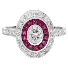 Diamond and Ruby Art Deco Style Target Engagement Ring in 18K White Gold