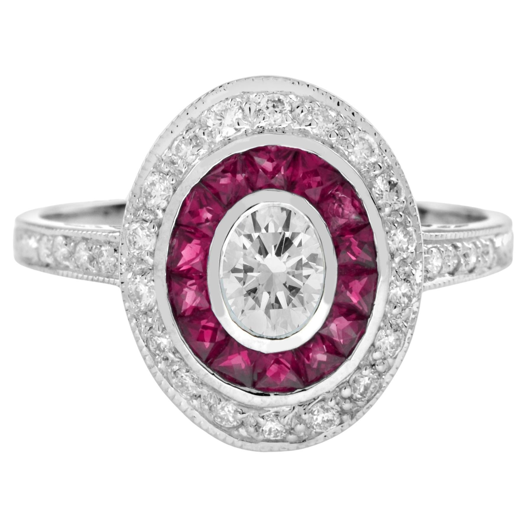 Diamond and Ruby Art Deco Style Target Engagement Ring in 18K White Gold en vente
