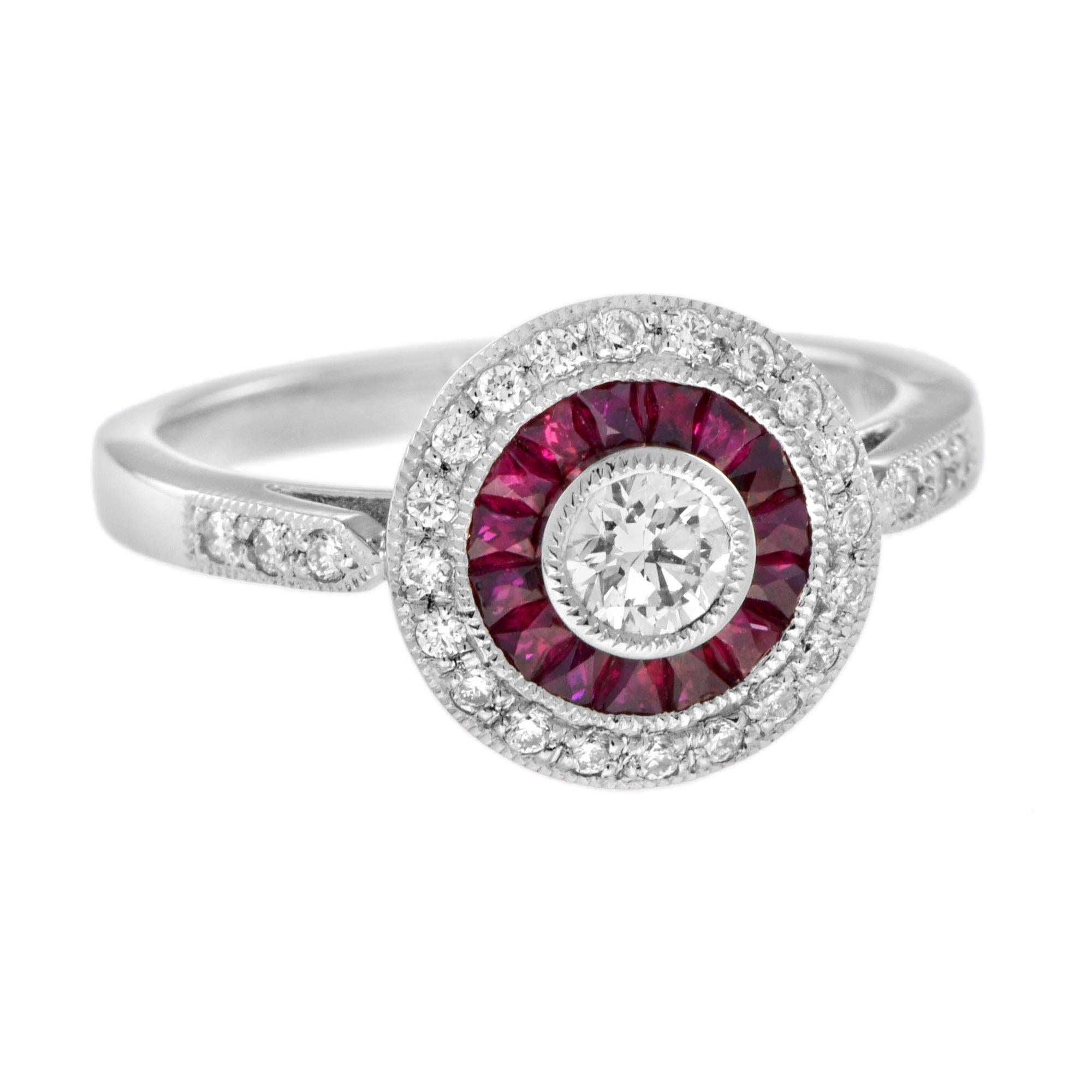 Round Cut Diamond and Ruby Art Deco Style Target Engagement Ring in Platinum 950 For Sale