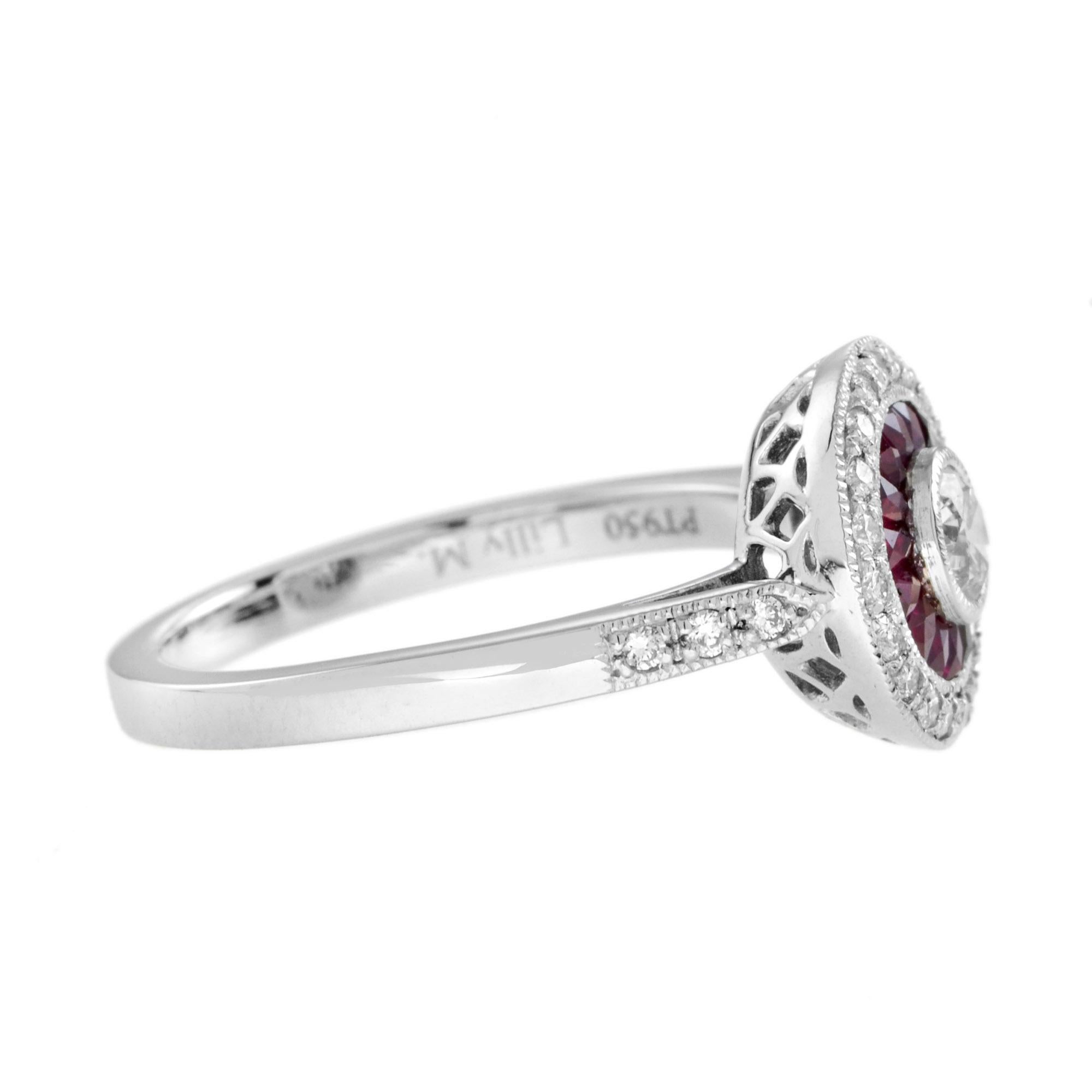 Diamond and Ruby Art Deco Style Target Engagement Ring in Platinum 950 In New Condition For Sale In Bangkok, TH