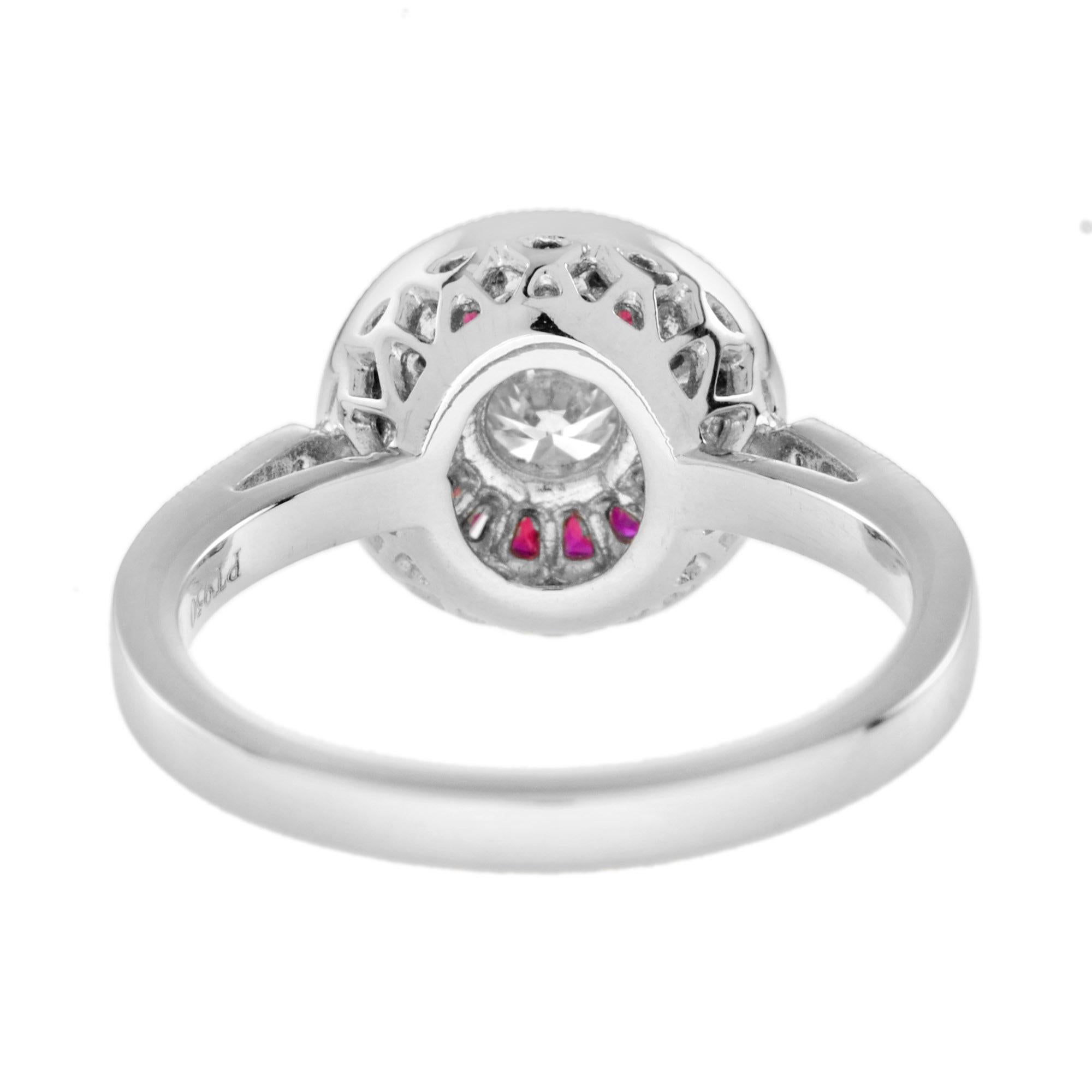Women's Diamond and Ruby Art Deco Style Target Engagement Ring in Platinum 950 For Sale