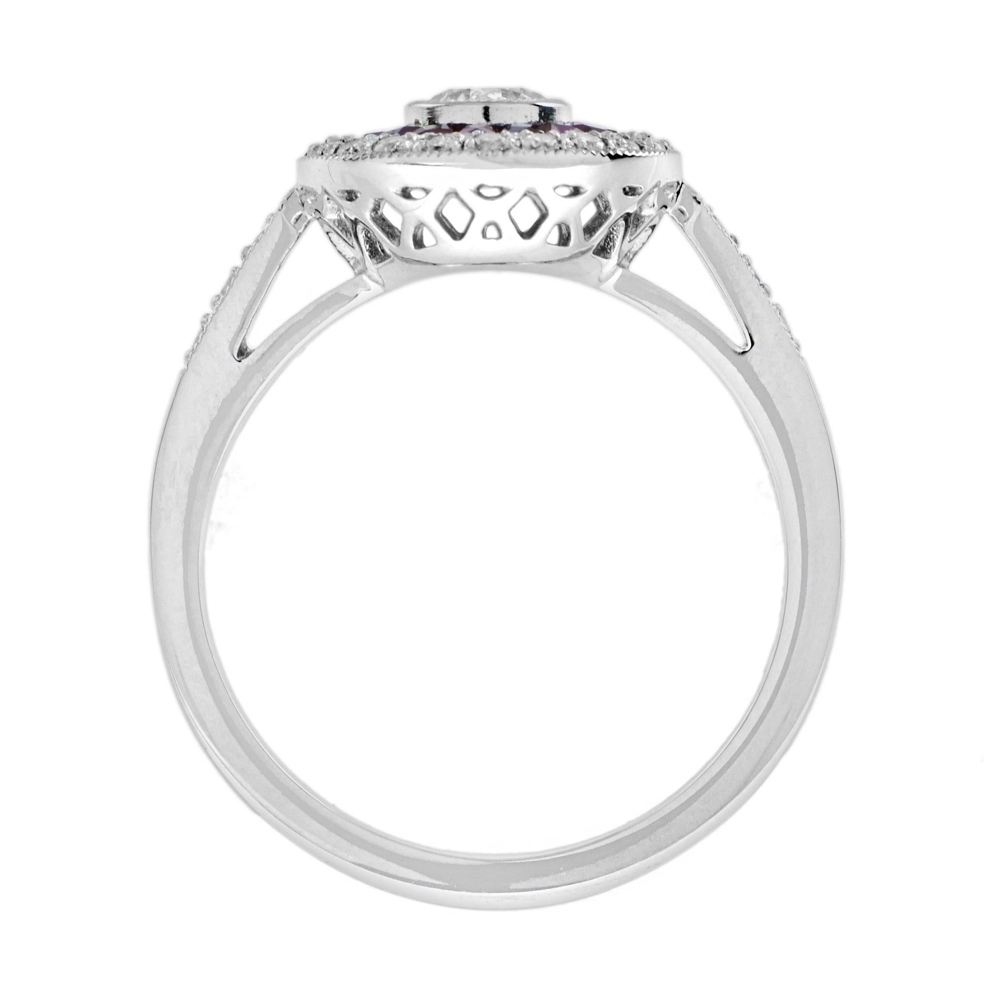 Diamond and Ruby Art Deco Style Target Engagement Ring in Platinum 950 For Sale 1