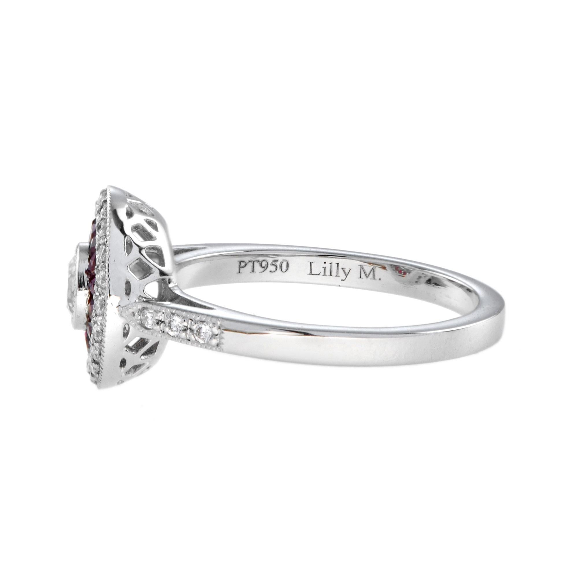 Diamond and Ruby Art Deco Style Target Engagement Ring in Platinum 950 For Sale 2