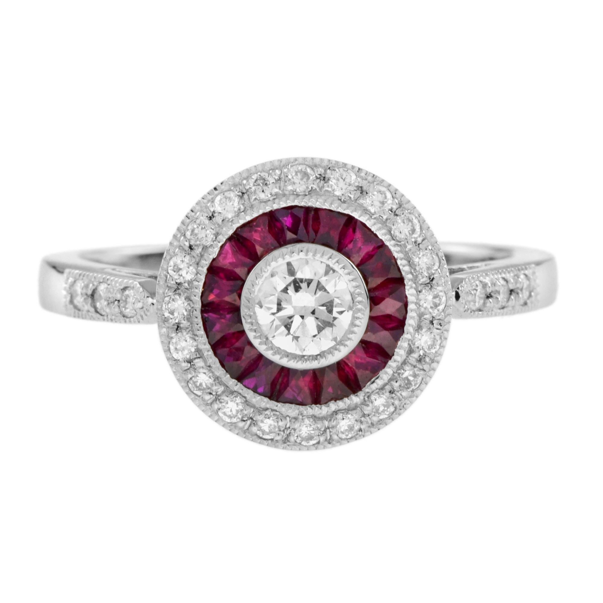 Verlobungsring aus Platin 950 mit Diamant und Rubin im Art-Déco-Stil mit target-Diamant